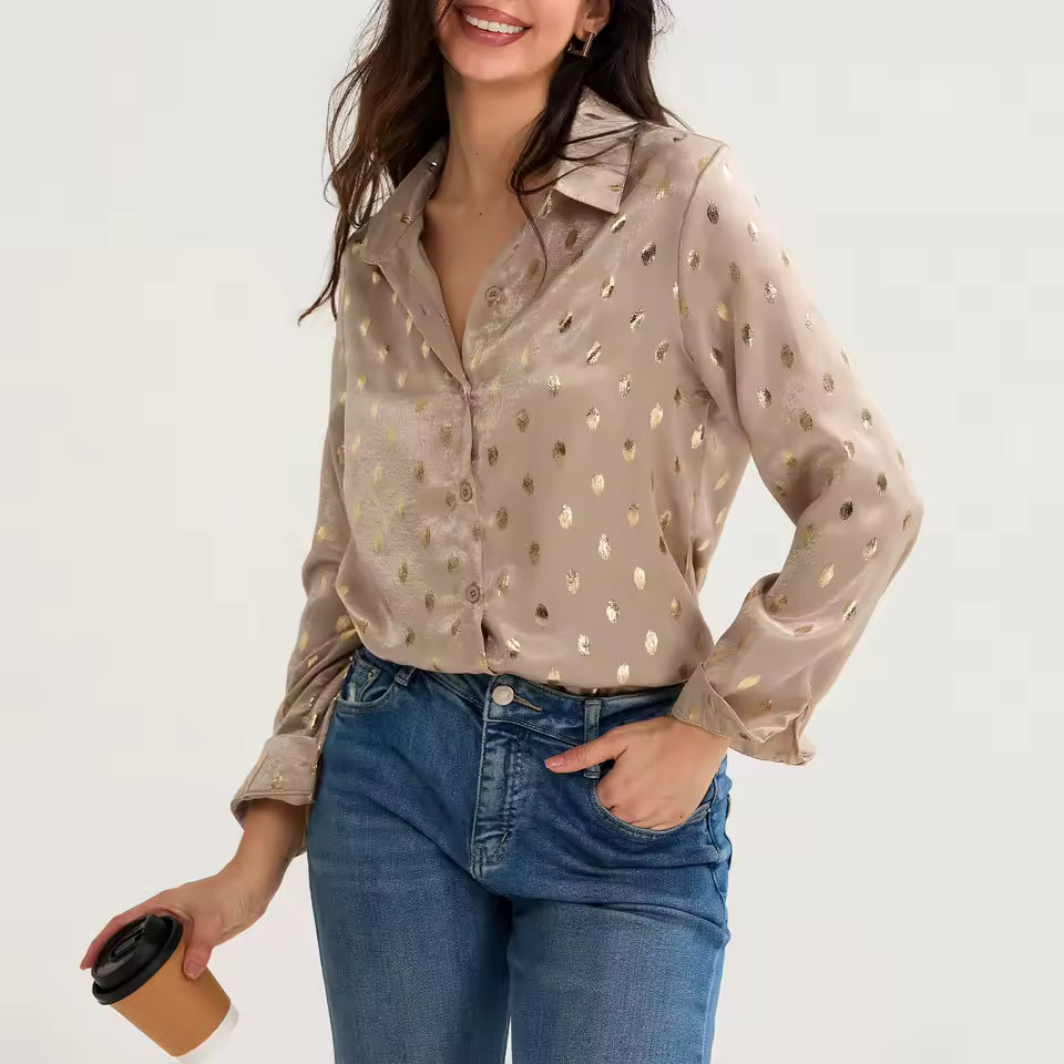 Zander Champagne Foil Dot Button Up Blouse