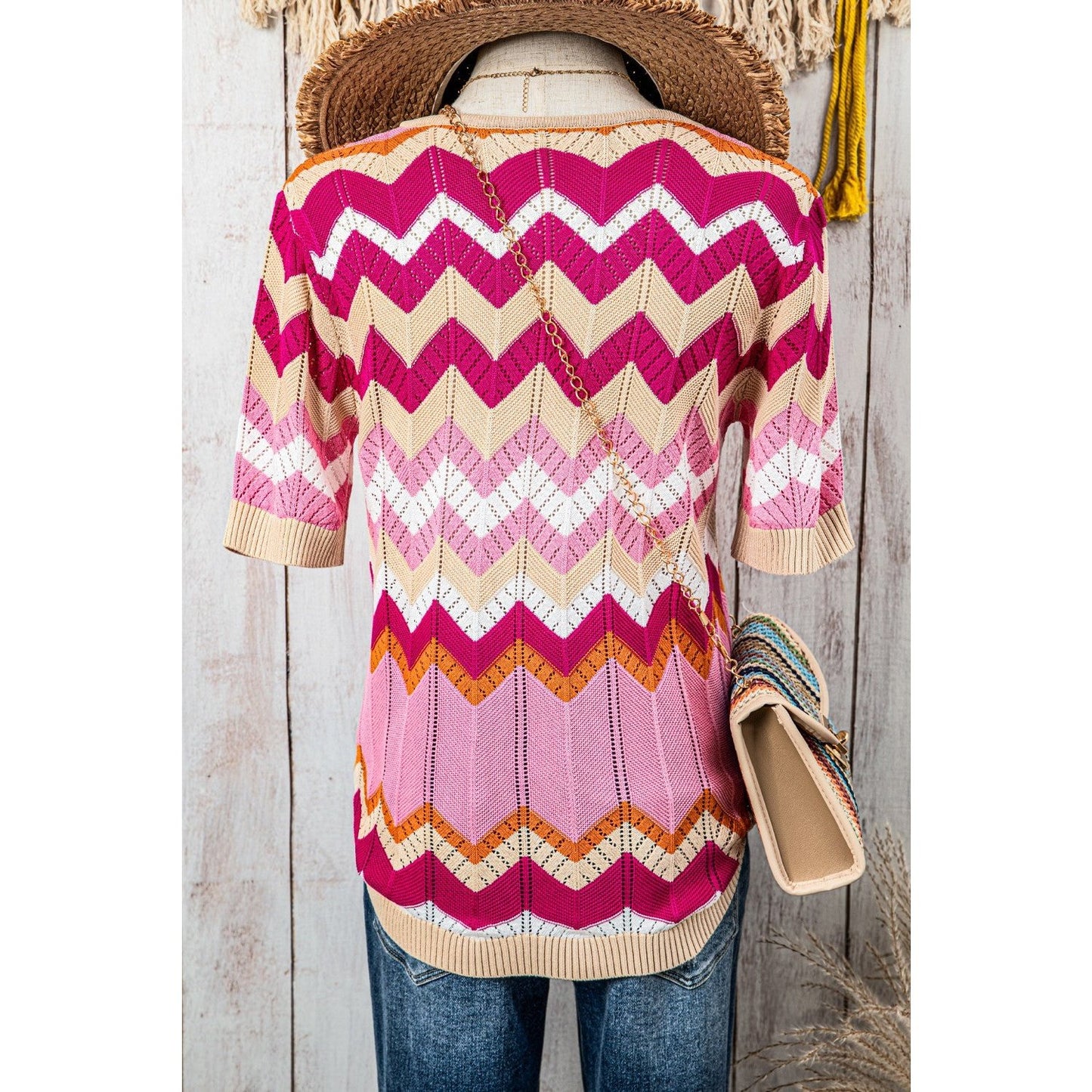 SALE!!! Chanda Pink Stripe Chevron Pointelle Knit V Neck Short Sleeve Sweater SALE!!!