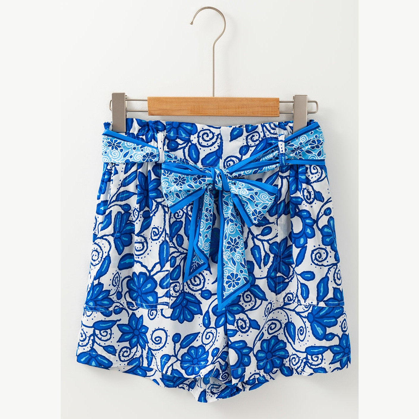 REDUCED!!! Chanin Blue Floral Print Pocketed Front Knot High Waist Casual Shorts REDUCED!!!