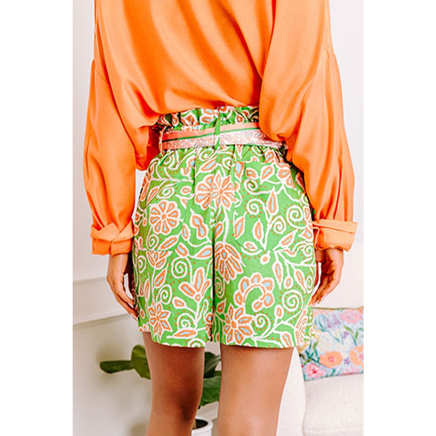 REDUCED!!! Chanin Green Floral Print Pocketed Front Knot High Waist Casual Shorts REDUCED!!!