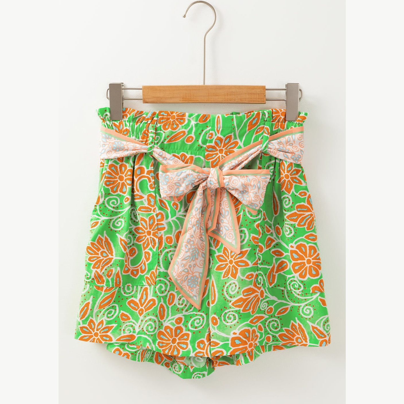 REDUCED!!! Chanin Green Floral Print Pocketed Front Knot High Waist Casual Shorts REDUCED!!!