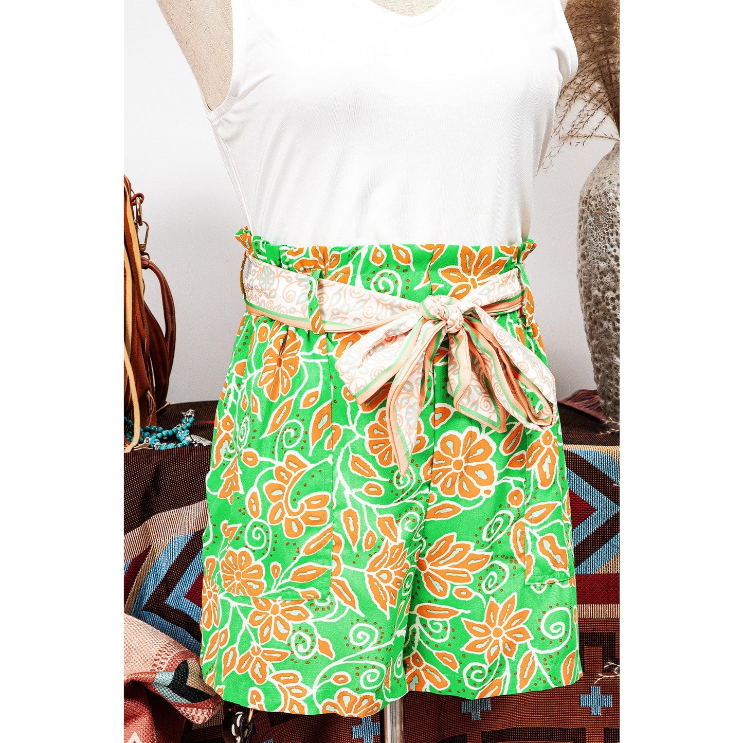 REDUCED!!! Chanin Green Floral Print Pocketed Front Knot High Waist Casual Shorts REDUCED!!!