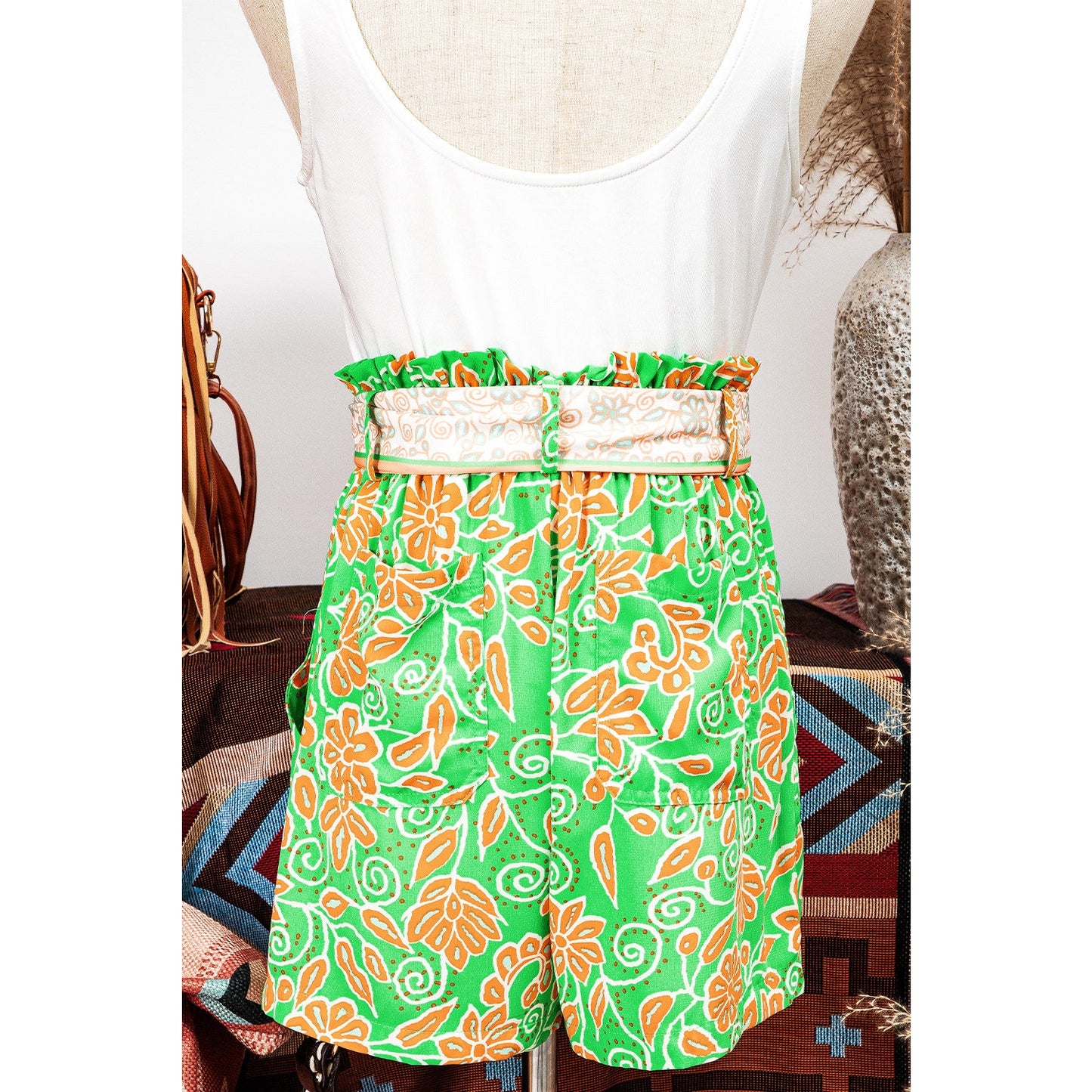 REDUCED!!! Chanin Green Floral Print Pocketed Front Knot High Waist Casual Shorts REDUCED!!!