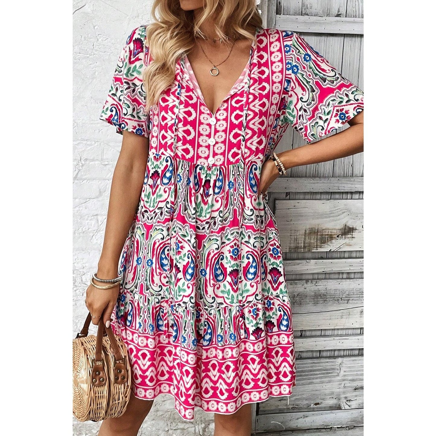 REDUCED!!! Chantel Pink Bohemian Print Tie Neck Ruffle Hem Short Dress REDUCED!!!