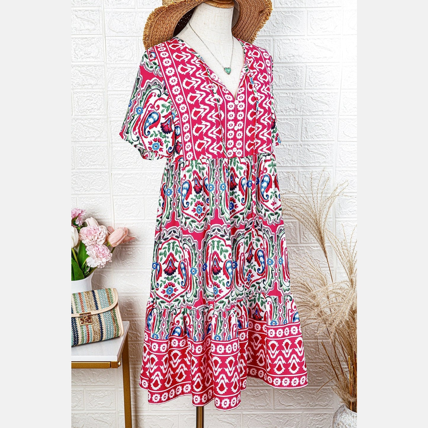 REDUCED!!! Chantel Pink Bohemian Print Tie Neck Ruffle Hem Short Dress REDUCED!!!