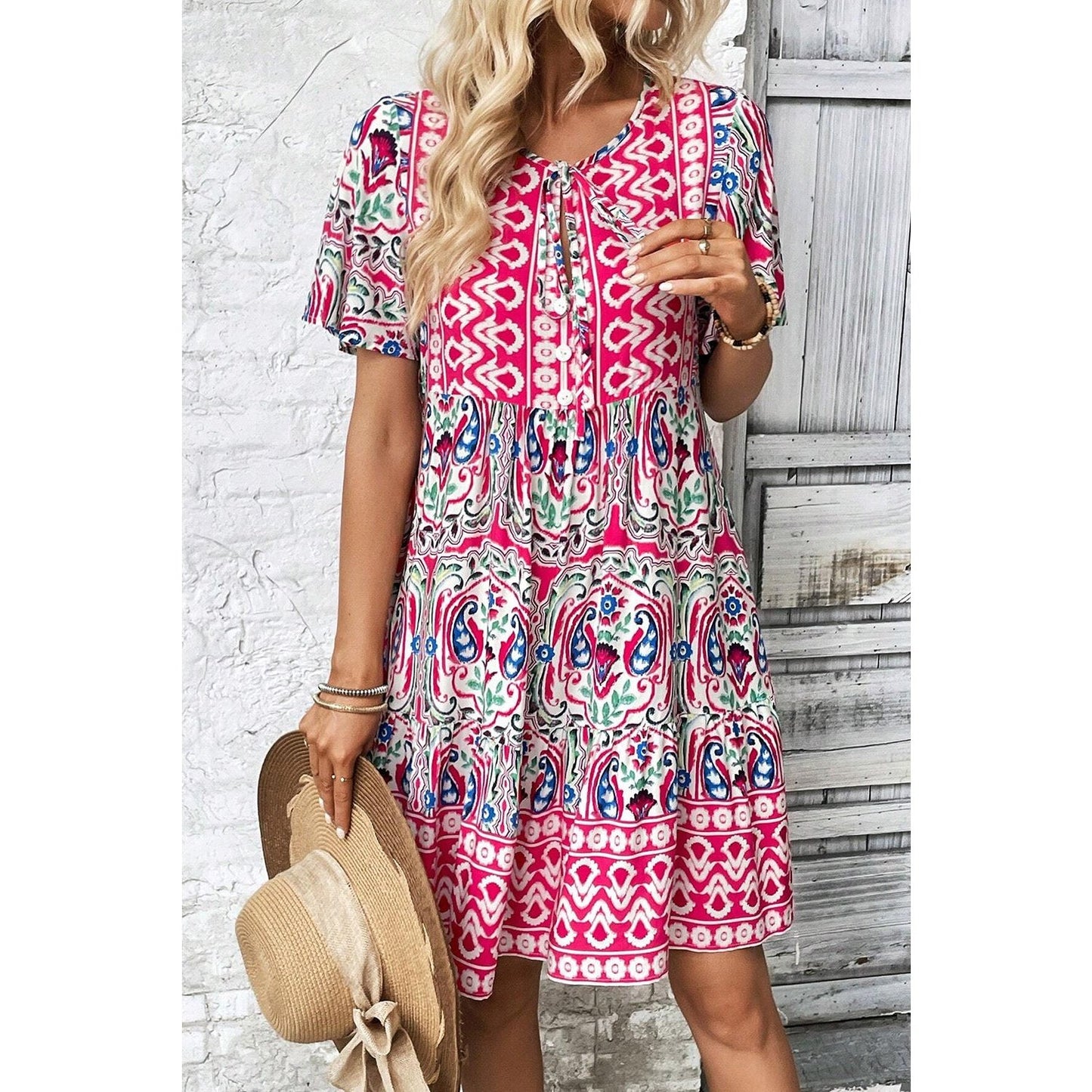 REDUCED!!! Chantel Pink Bohemian Print Tie Neck Ruffle Hem Short Dress REDUCED!!!