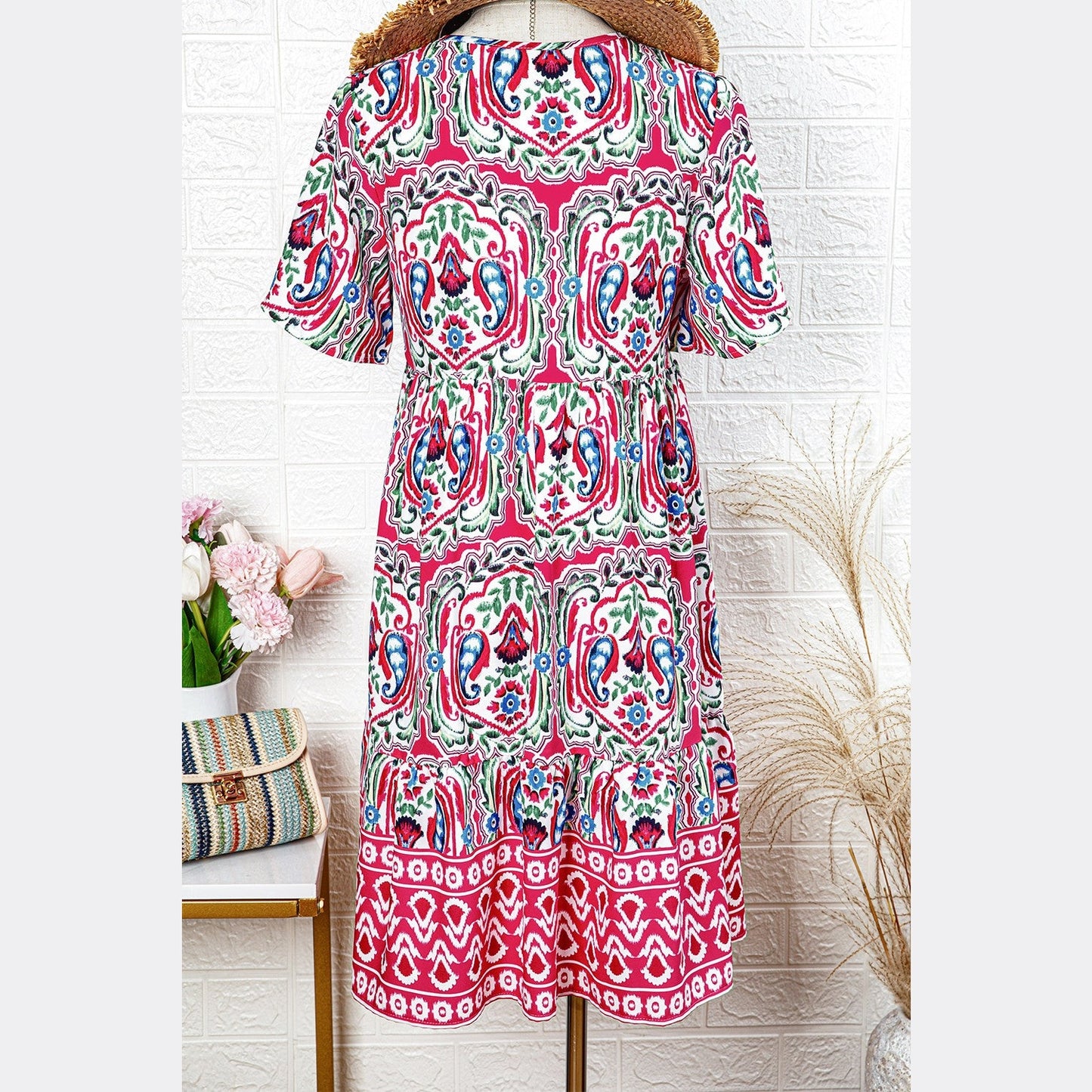 REDUCED!!! Chantel Pink Bohemian Print Tie Neck Ruffle Hem Short Dress REDUCED!!!