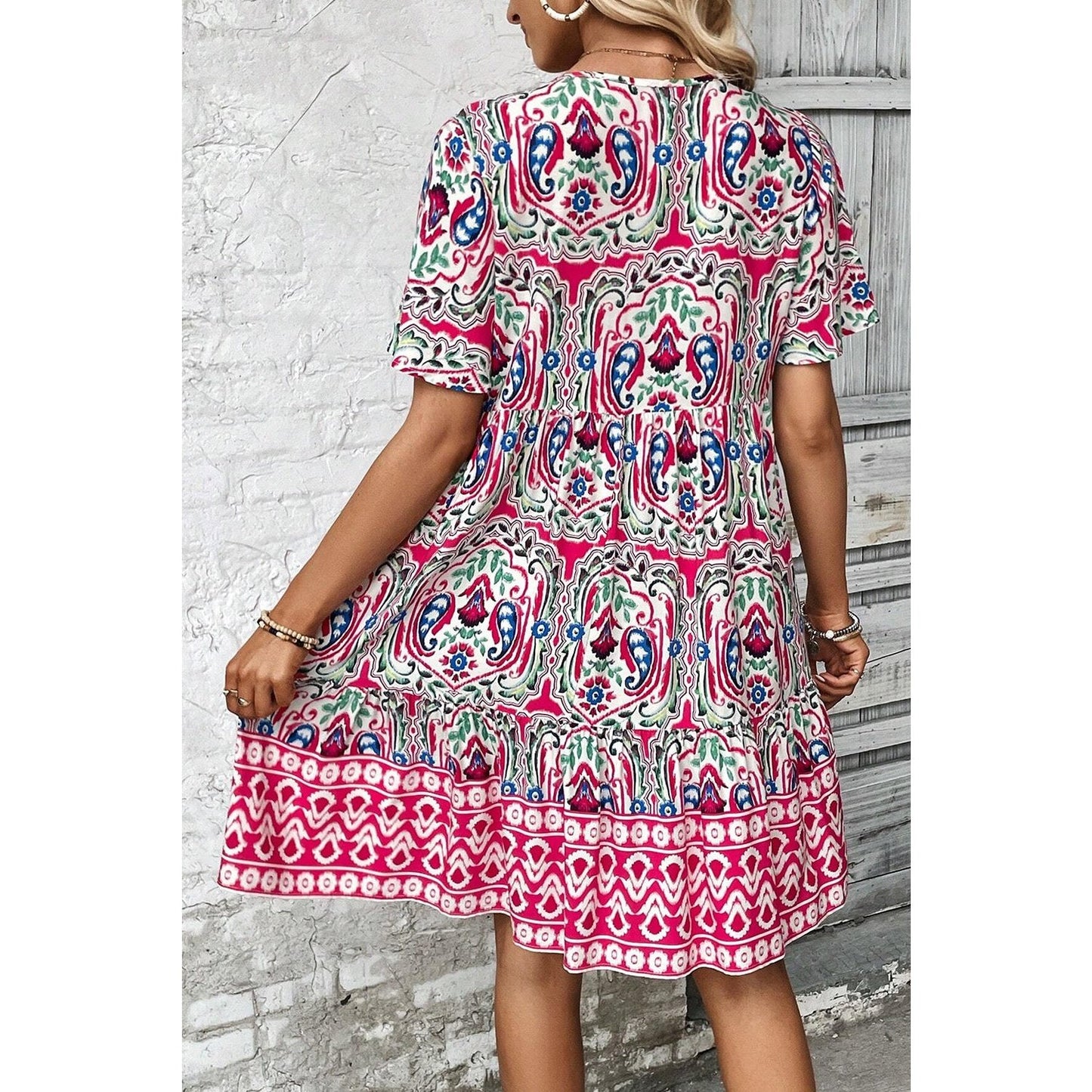 REDUCED!!! Chantel Pink Bohemian Print Tie Neck Ruffle Hem Short Dress REDUCED!!!