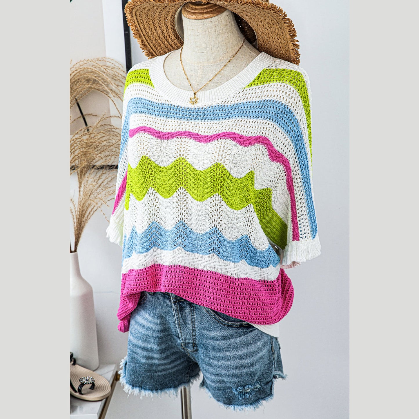 Chantelle White Colorblock Crochet Knit Ruffled Short Sleeve Sweater Top