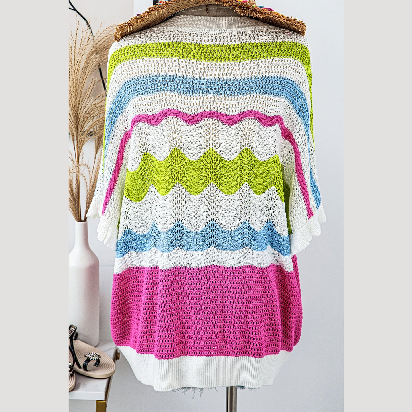 Chantelle White Colorblock Crochet Knit Ruffled Short Sleeve Sweater Top