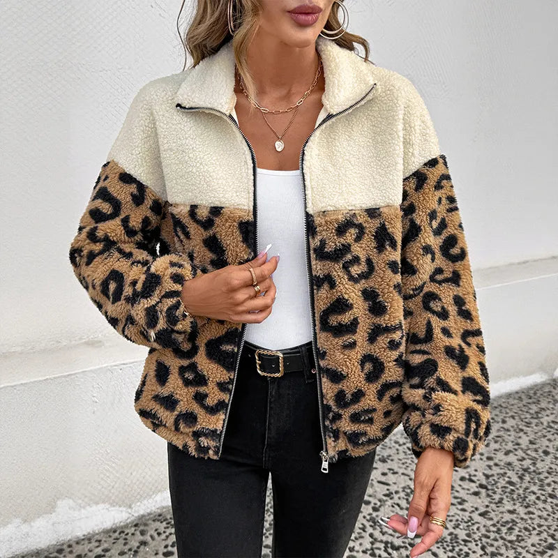 Charvi Leopard Colorblock Sherpa Zipped Jacket