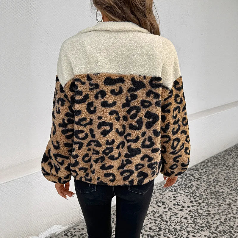 Charvi Leopard Colorblock Sherpa Zipped Jacket