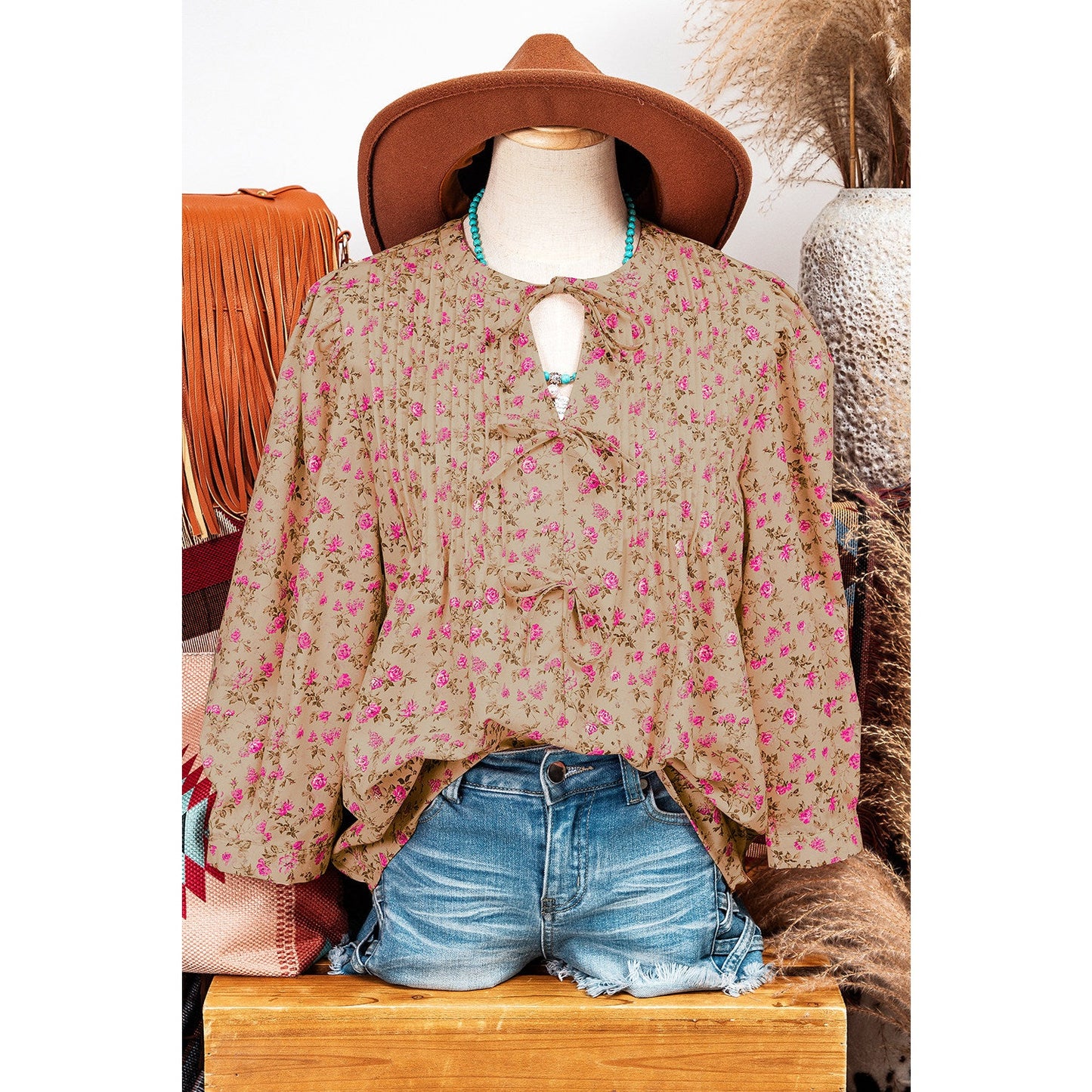 Chelsey Light French Beige Floral Print Bow Pintuck Bust Half Puff Sleeve Blouse Top