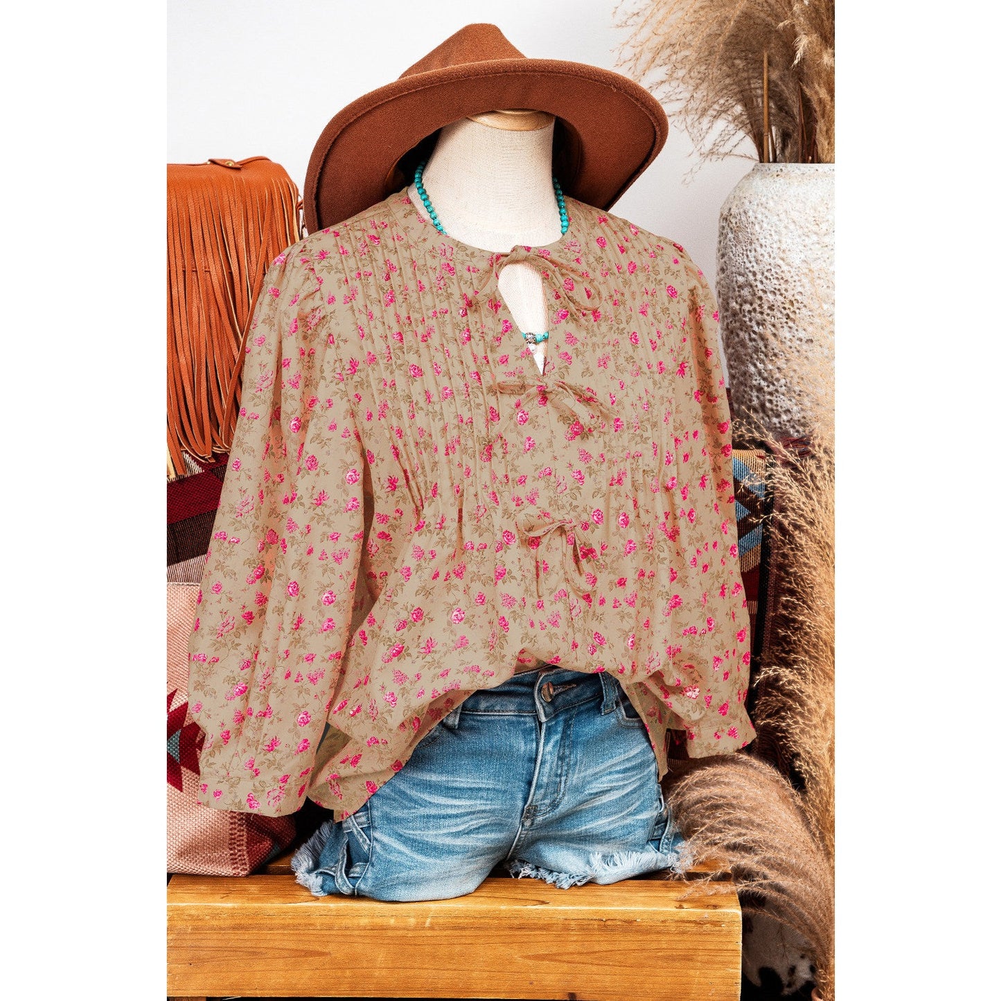Chelsey Light French Beige Floral Print Bow Pintuck Bust Half Puff Sleeve Blouse Top