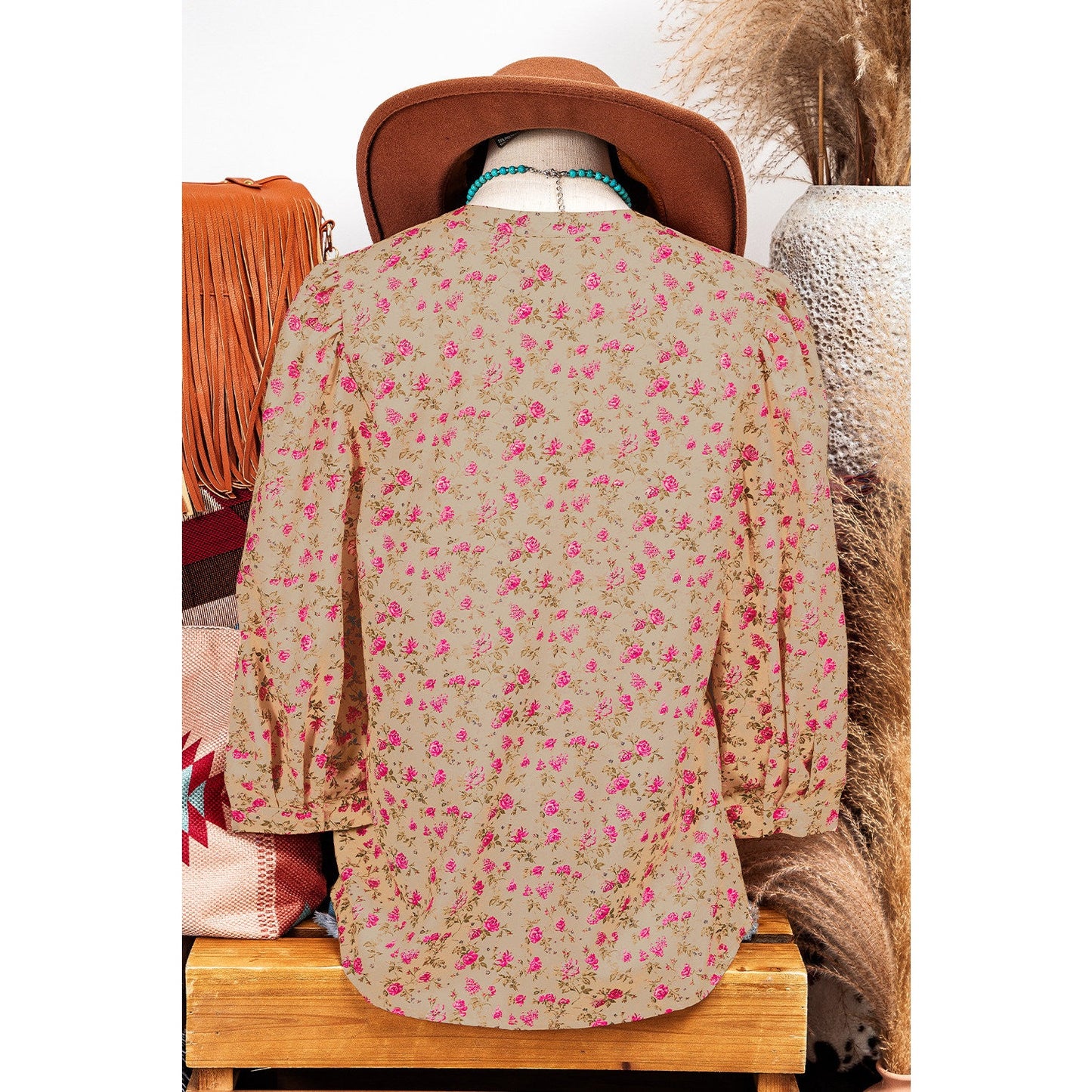 Chelsey Light French Beige Floral Print Bow Pintuck Bust Half Puff Sleeve Blouse Top