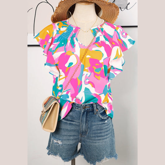 Chrystal Multicolour Abstract Print Notched Neck Flutter Sleeve Blouse