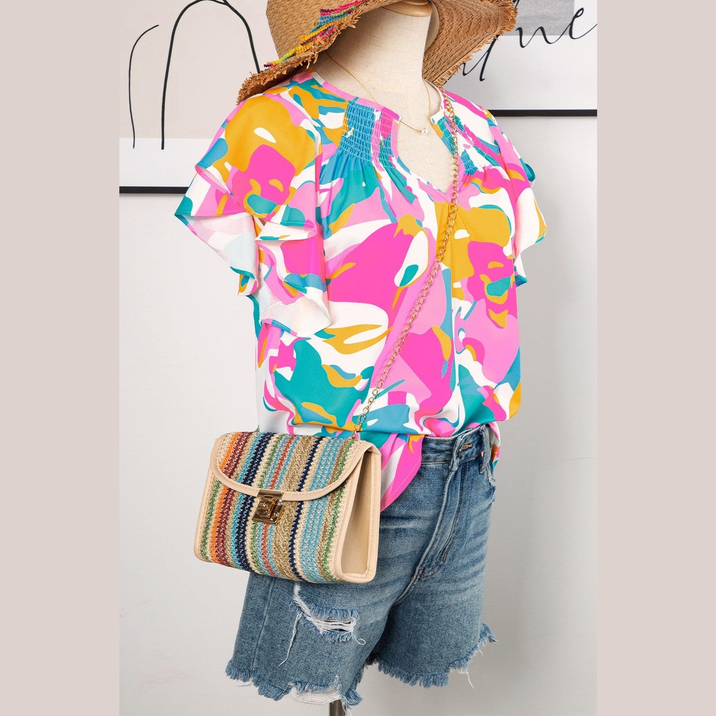 Chrystal Multicolour Abstract Print Notched Neck Flutter Sleeve Blouse