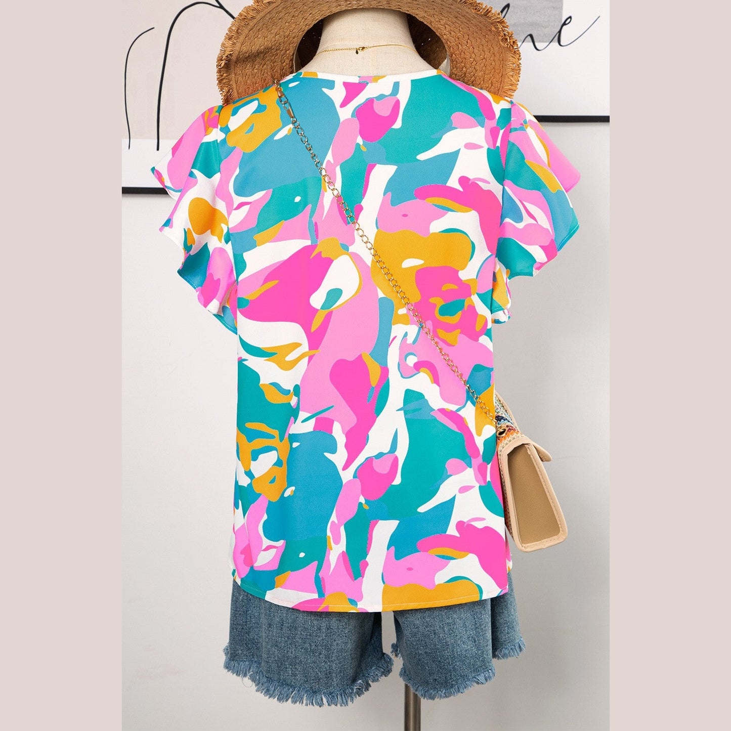 Chrystal Multicolour Abstract Print Notched Neck Flutter Sleeve Blouse