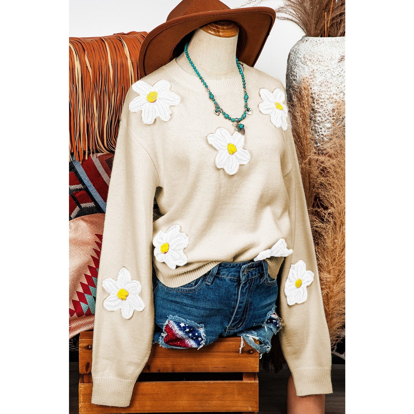 REDUCED!!! Cindi Parchment Floral Crochet Chunky Knit Sweater REDUCED!!!