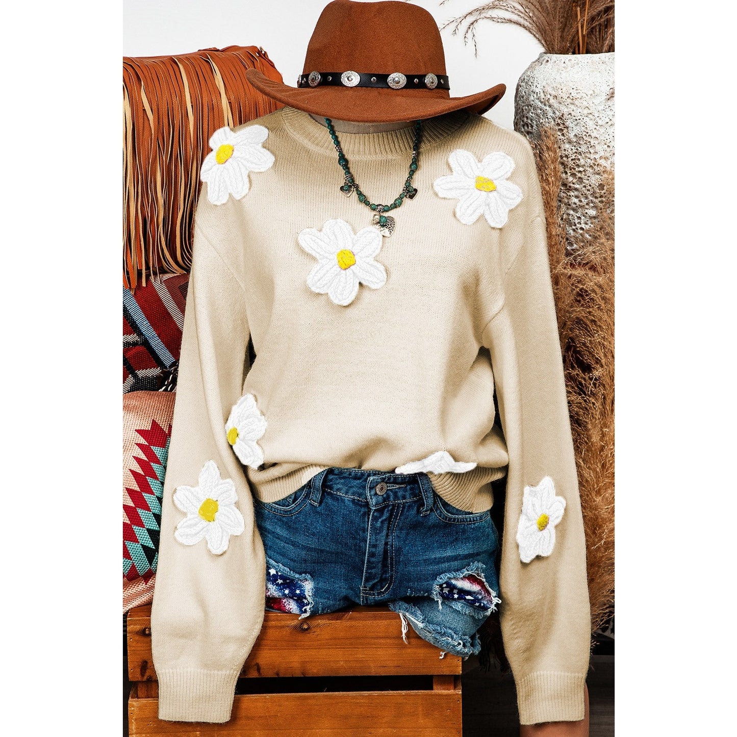 REDUCED!!! Cindi Parchment Floral Crochet Chunky Knit Sweater REDUCED!!!