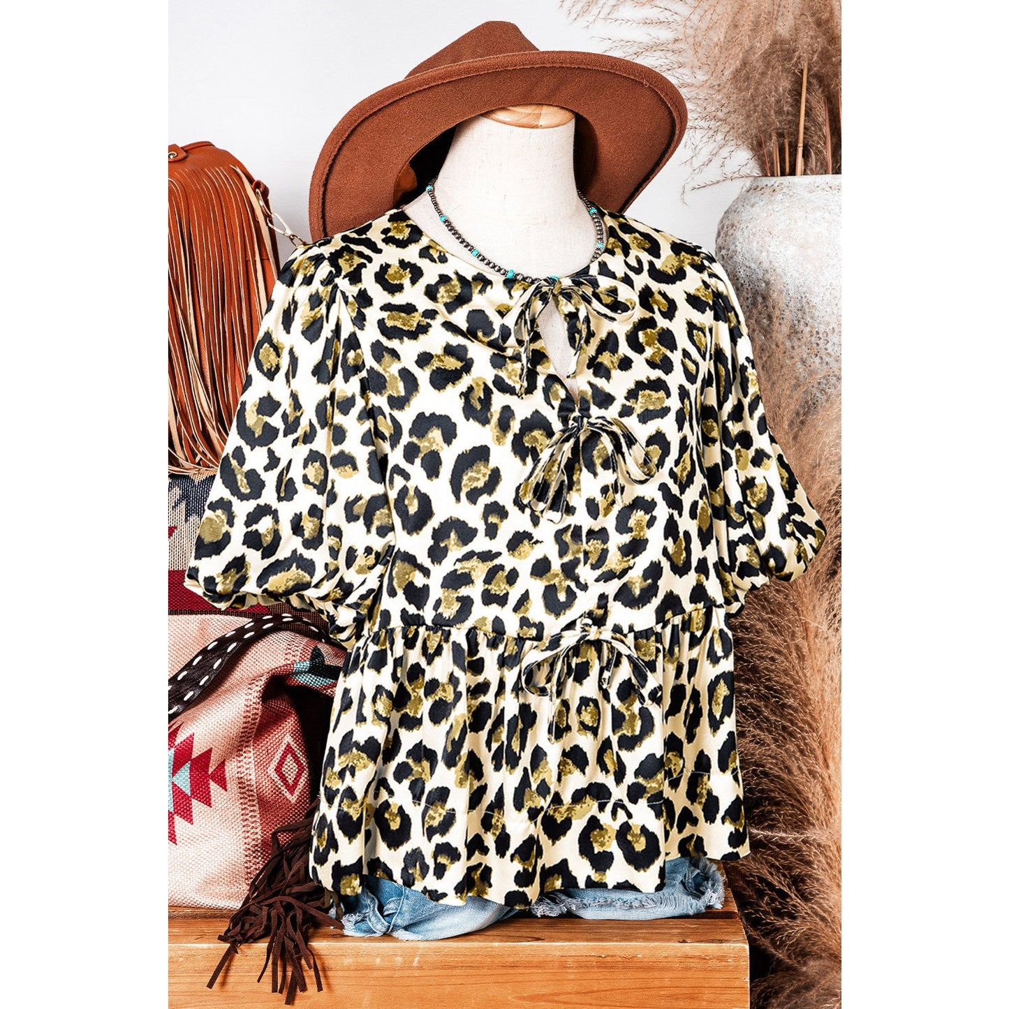 REDUCED!!! Cinni Leopard Bubble Sleeve Bow Tie Front Peplum Blouse REDUCED!!!