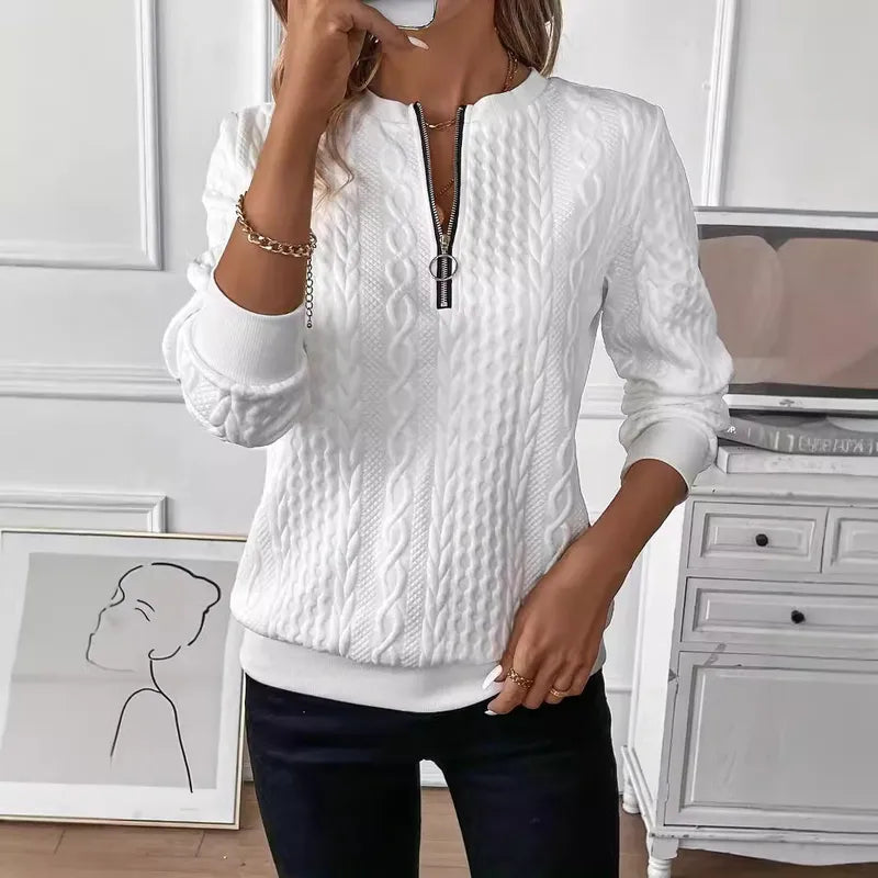Cissie White Textured Half Zip Long Sleeve Top
