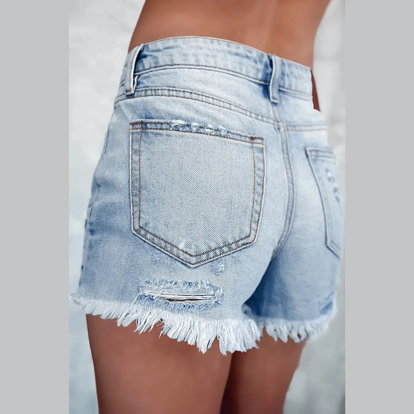 Clara Light Blue Distressed Ripped Raw Hem High Waist Denim Shorts