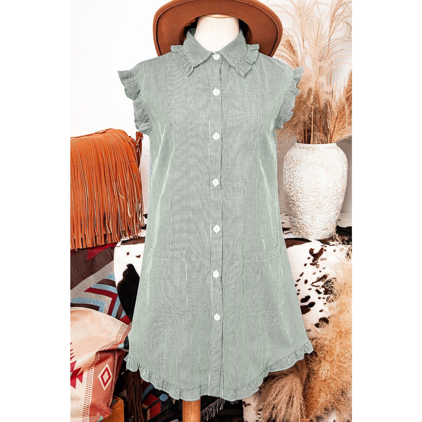 Clarabelle Green Stripe Frilled Sleeveless Collar Front Pocket Button Up Mini Dress