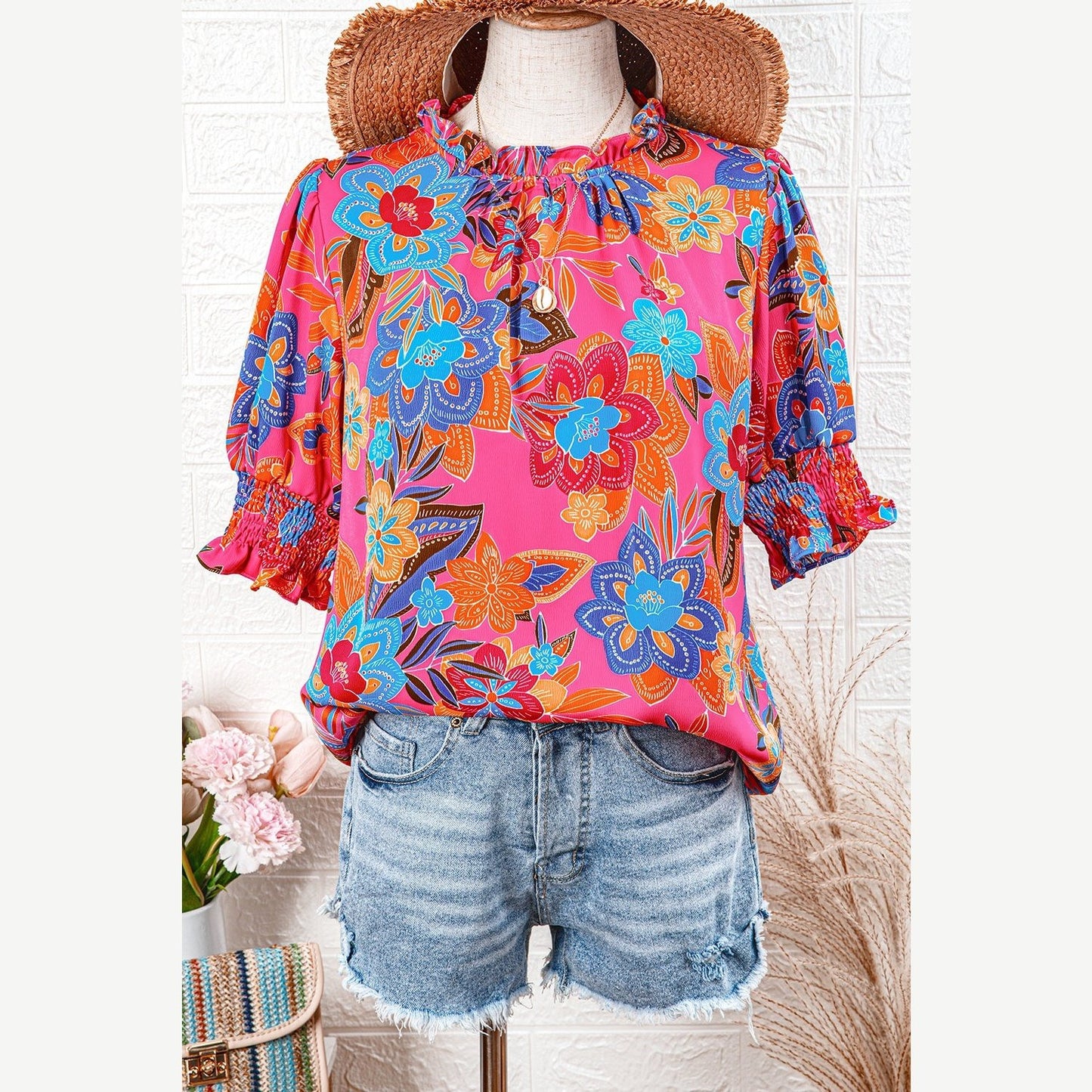 REDUCED!!! Clarita PLUS SIZE Floral Print Frilly Neck Puff Sleeve Blouse REDUCED!!!