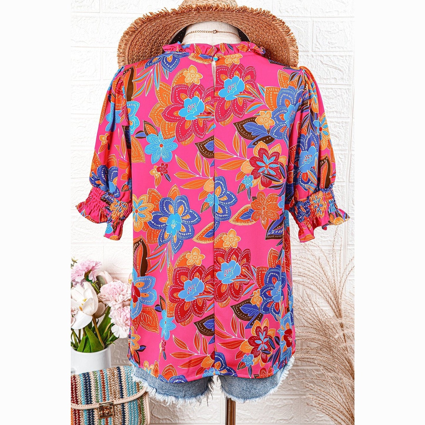 REDUCED!!! Clarita PLUS SIZE Floral Print Frilly Neck Puff Sleeve Blouse REDUCED!!!