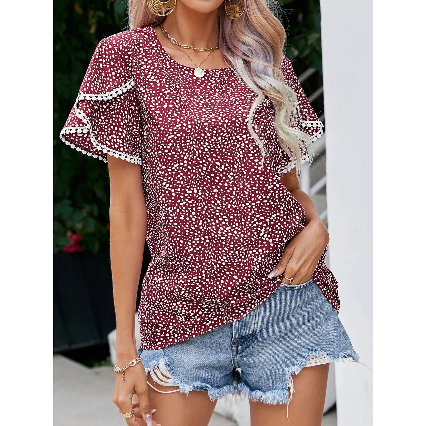 Claudeth Red Lace Trim Short Sleeve Blouse