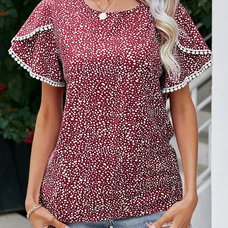Claudeth Red Lace Trim Short Sleeve Blouse