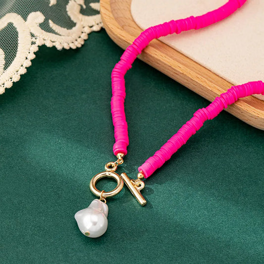Hot Pink Clay Necklace with Faux Pearl Pendant