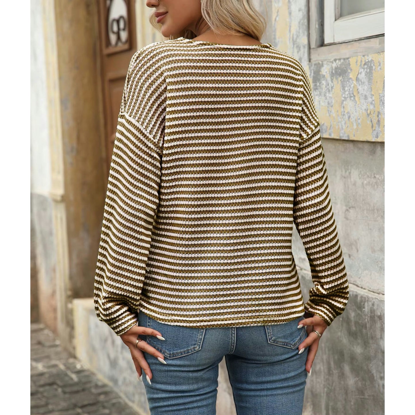 Libby Striped V Neck Waffle Knit Henley Long Sleeve Top