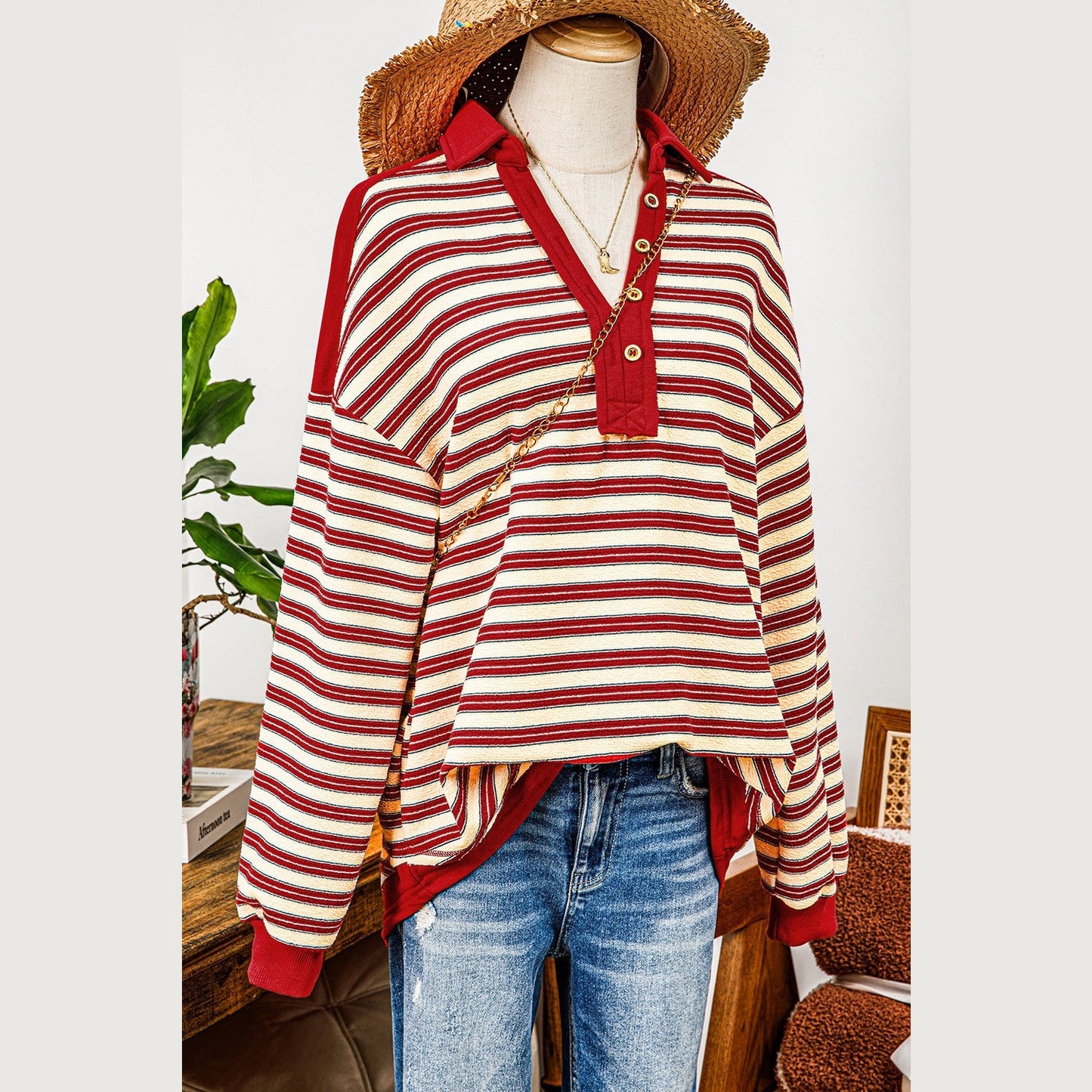 REDUCED!!! Colina Red Stripe Buttoned V Neck Collared Drop Shoulder Top REDUCED!!!