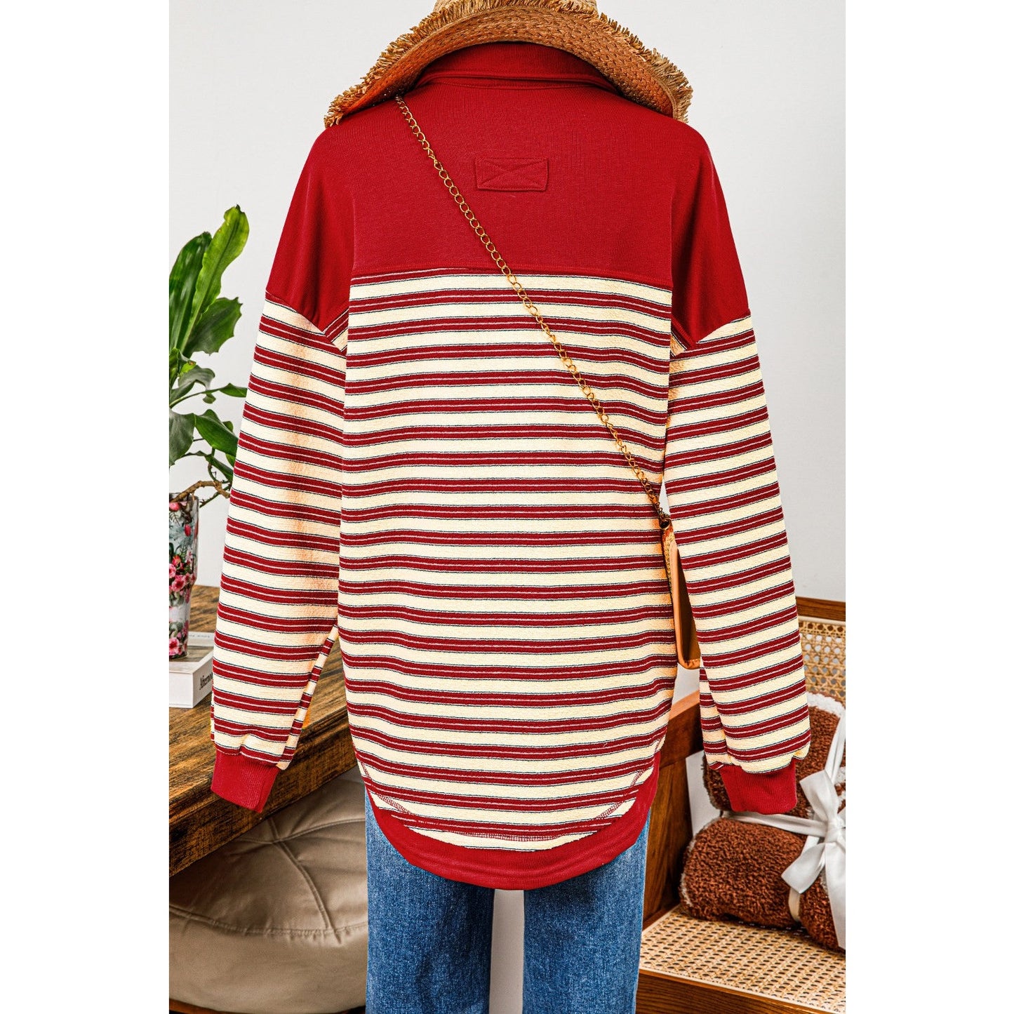 REDUCED!!! Colina Red Stripe Buttoned V Neck Collared Drop Shoulder Top REDUCED!!!