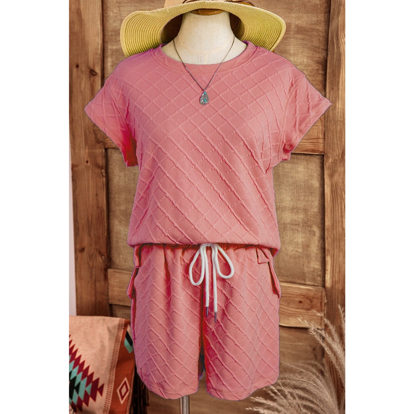 Sommer Coral Checkered Textured Tee and Drawstring Shorts