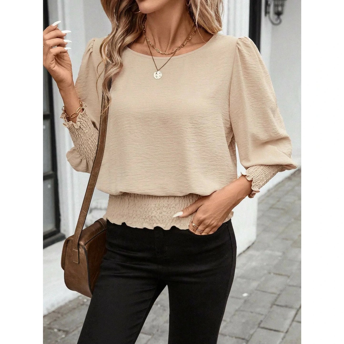 Coralie Apricot Crew Neck Shirred Detail Blouse