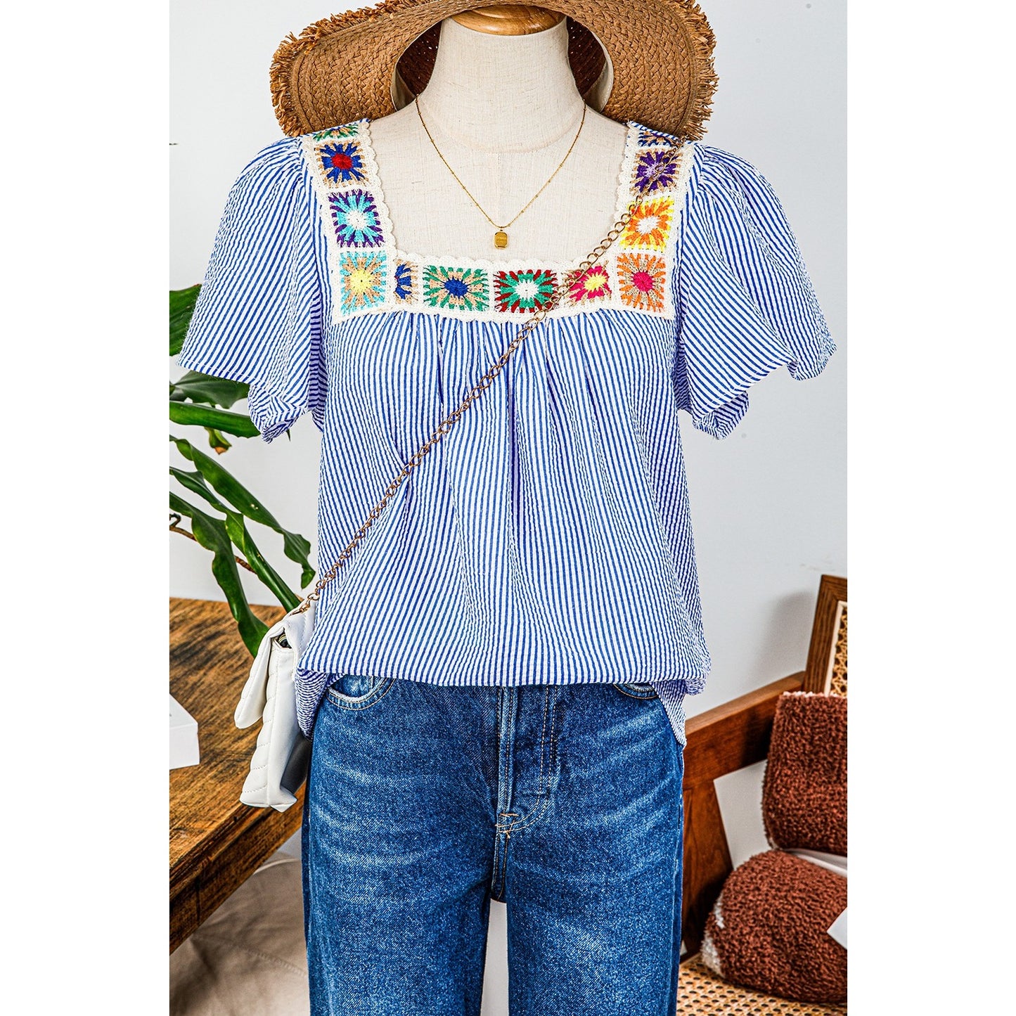Cristina Sky Blue Stripe Textured Ruffle Short Sleeve Boho Detail Square Neck Blouse