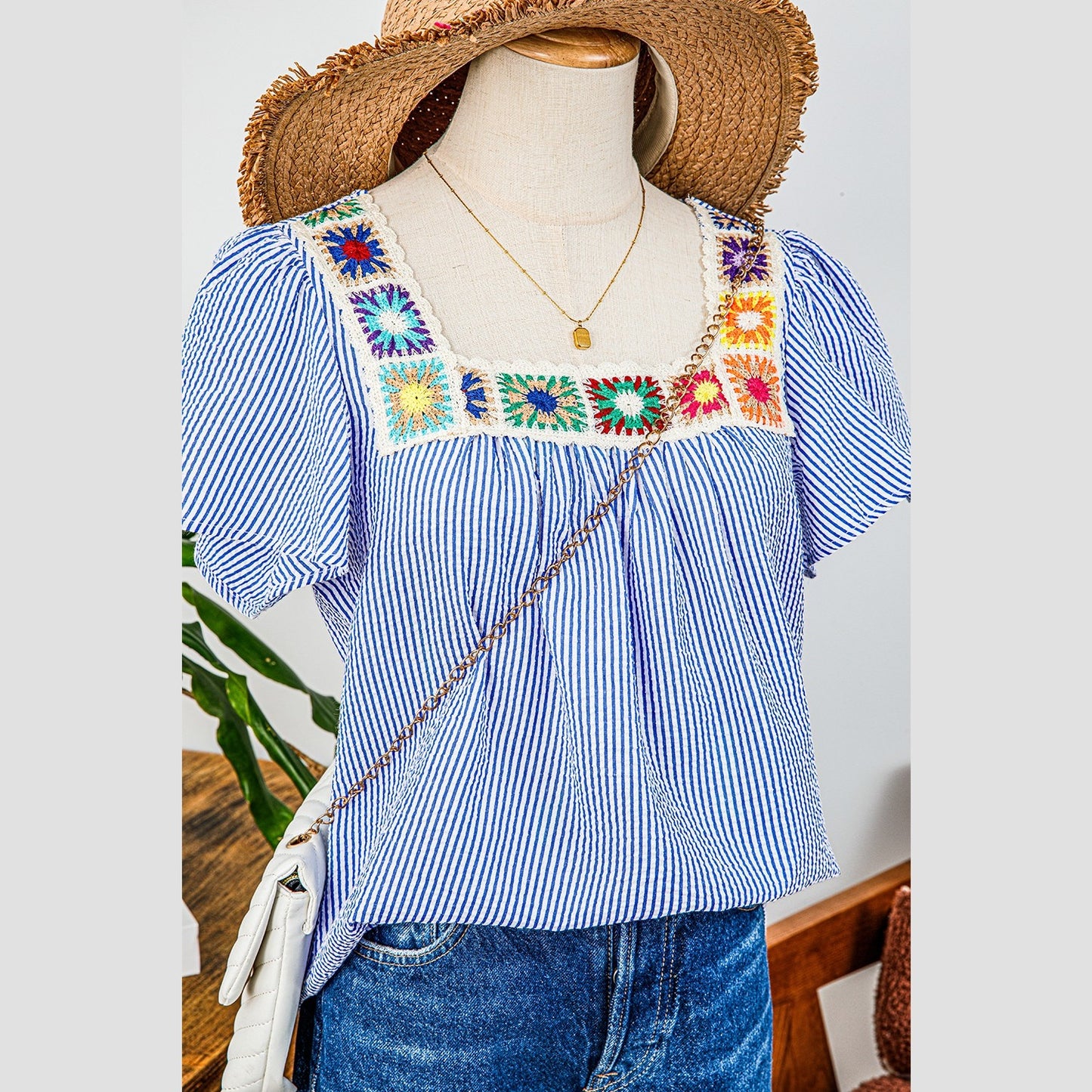 Cristina Sky Blue Stripe Textured Ruffle Short Sleeve Boho Detail Square Neck Blouse