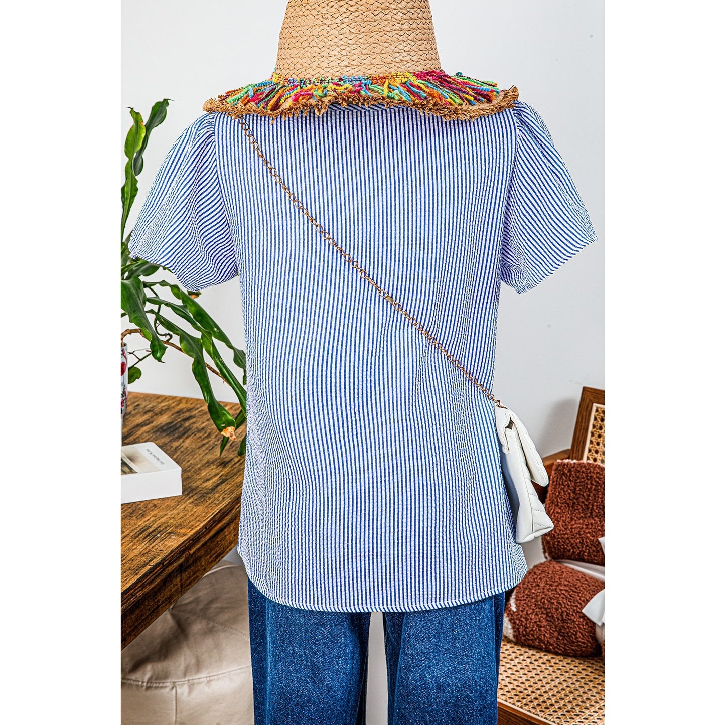 Cristina Sky Blue Stripe Textured Ruffle Short Sleeve Boho Detail Square Neck Blouse