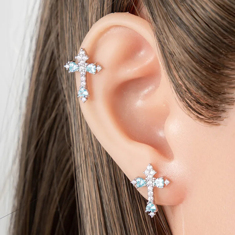 Silver Aqua Cross Stud Earrings