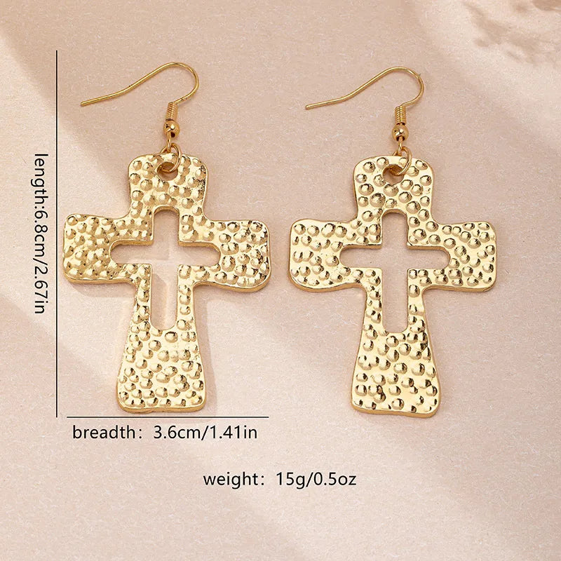 Golden Hammered Cross Statement Earrings Earrings
