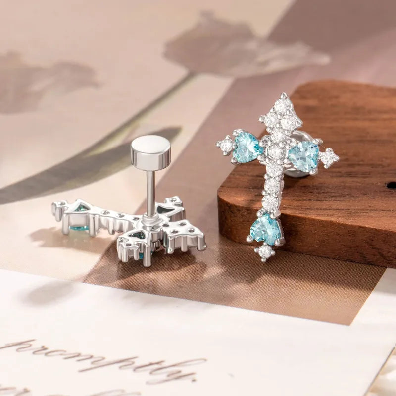 Silver Aqua Cross Stud Earrings
