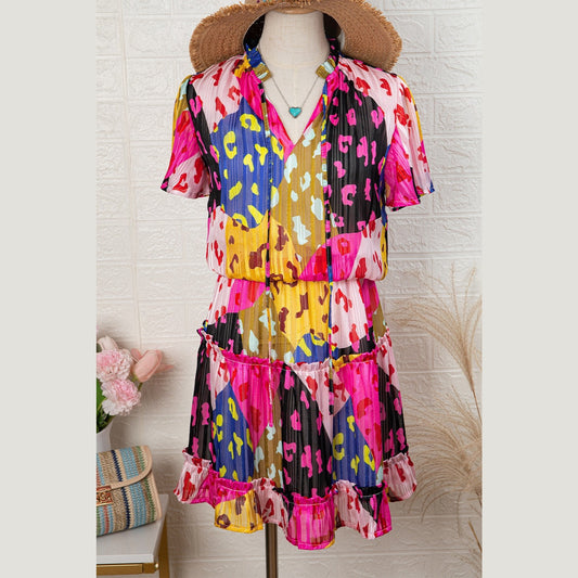 REDUCED!!!  Daffy Leopard Print Short Sleeve Tiered Ruffle Mini Dress  REDUCED!!!