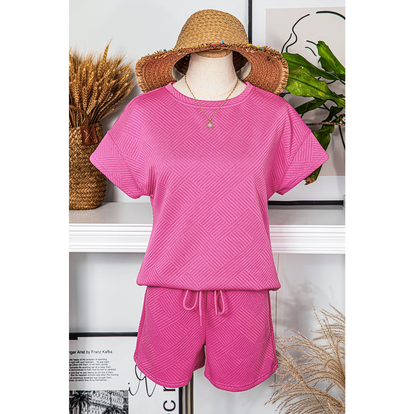 Daisie Strawberry Pink 2 Piece Textured Drawstring Shorts Set