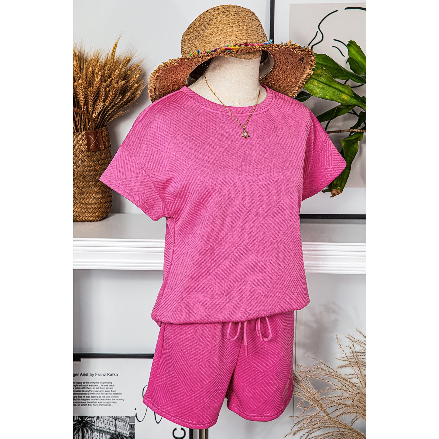 Daisie Strawberry Pink 2 Piece Textured Drawstring Shorts Set