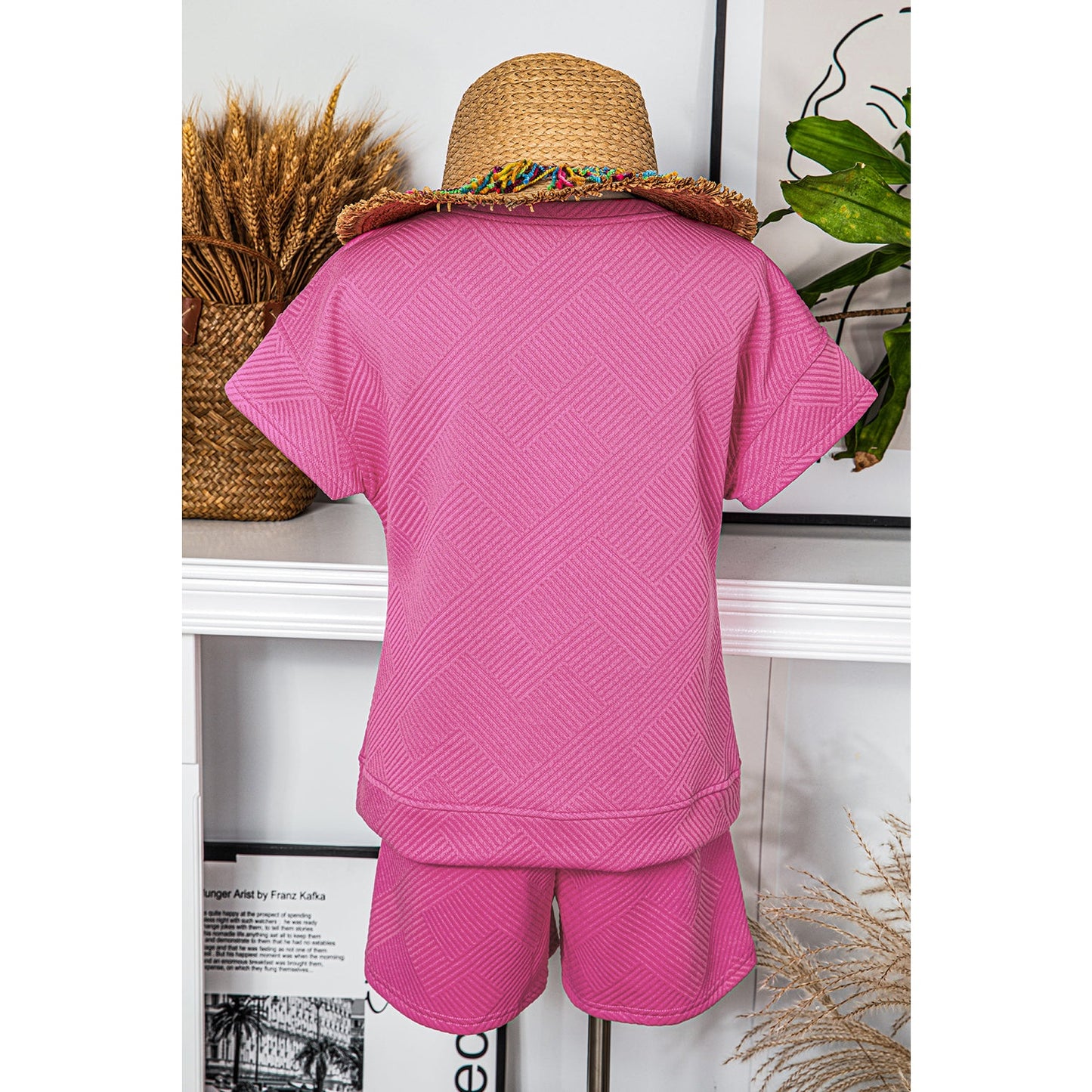Daisie Strawberry Pink 2 Piece Textured Drawstring Shorts Set