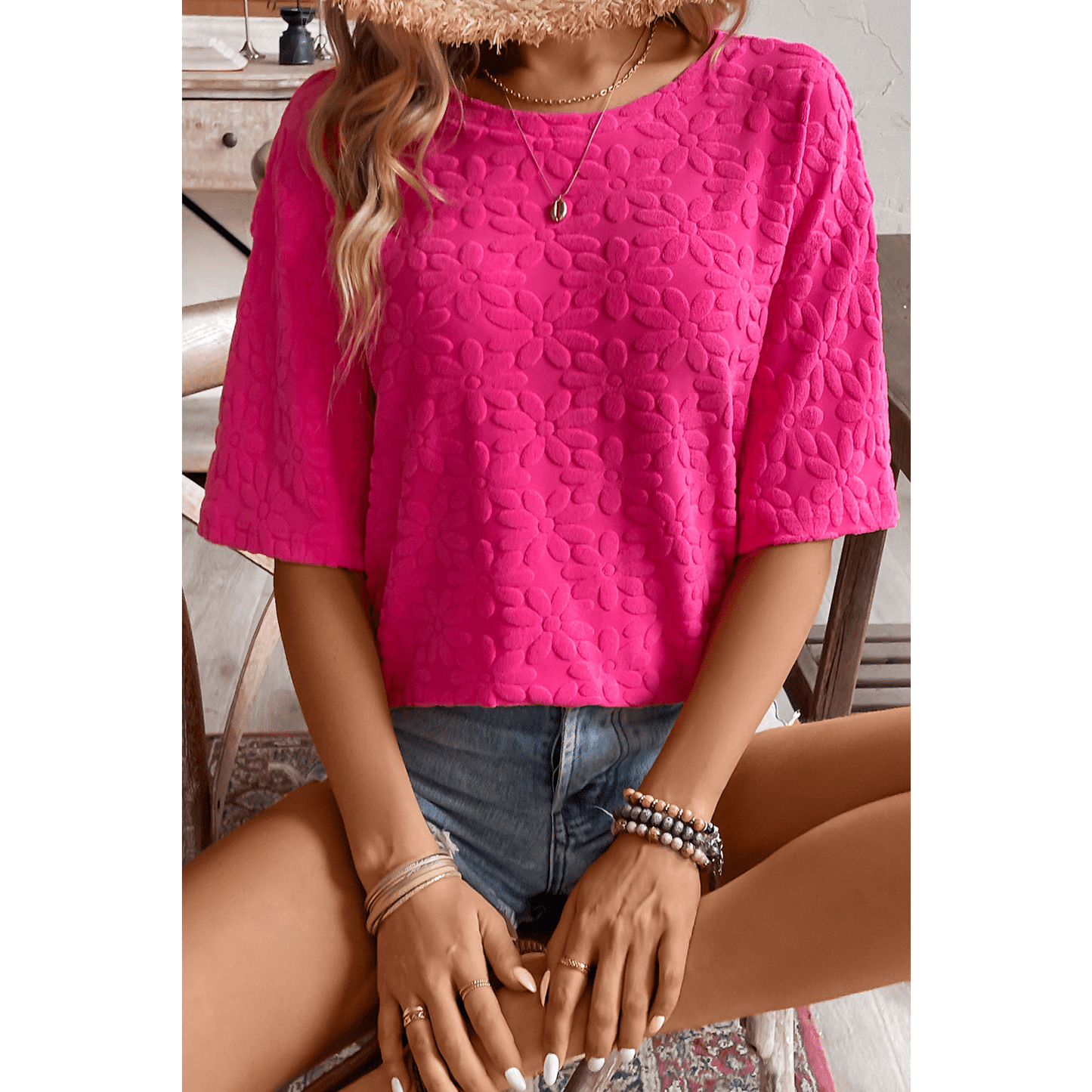 RTS Daisy Flower Jacquard Half Sleeve T Shirt XS, S, M, L