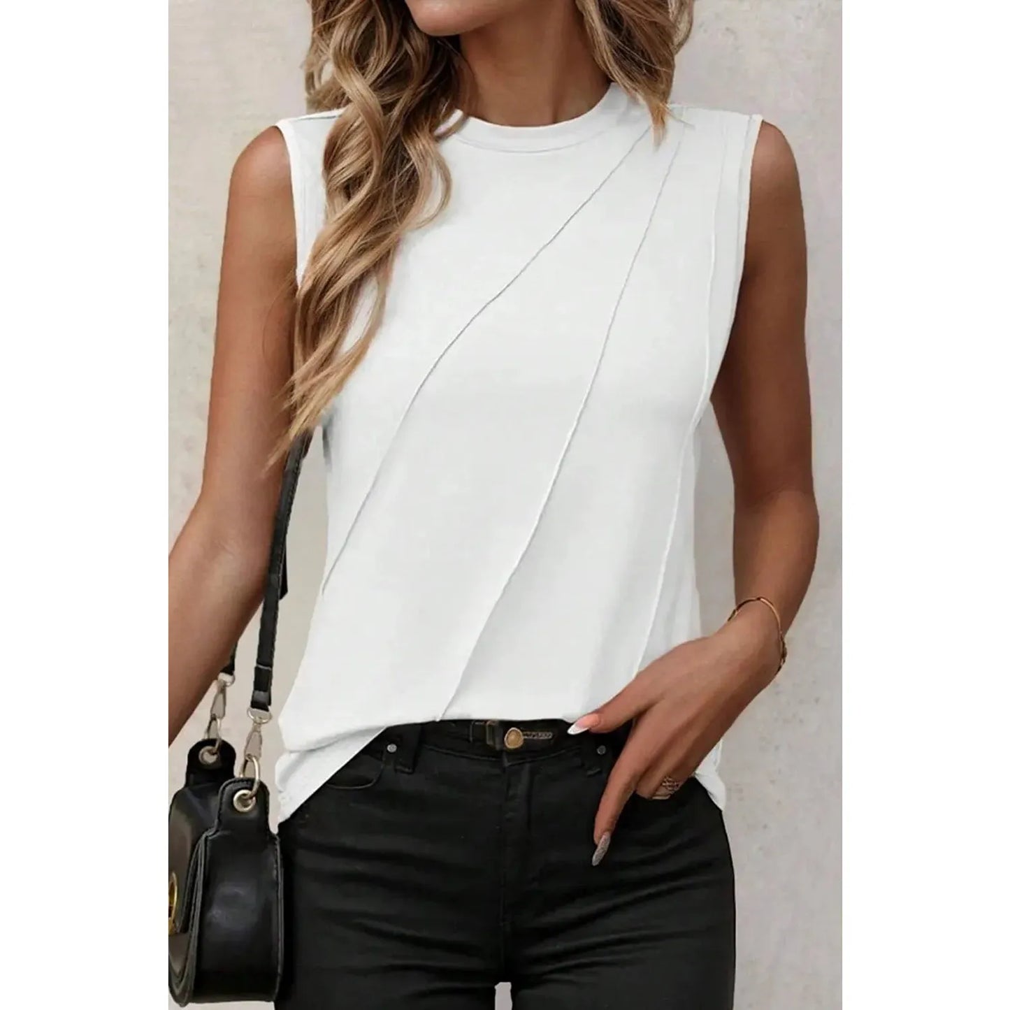 Danielle White Crew Neck Pleated Tank Top
